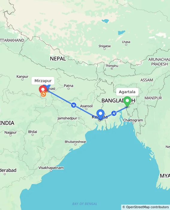 Route map showing distance and travel time from Agartala, India to Mirzapur, India