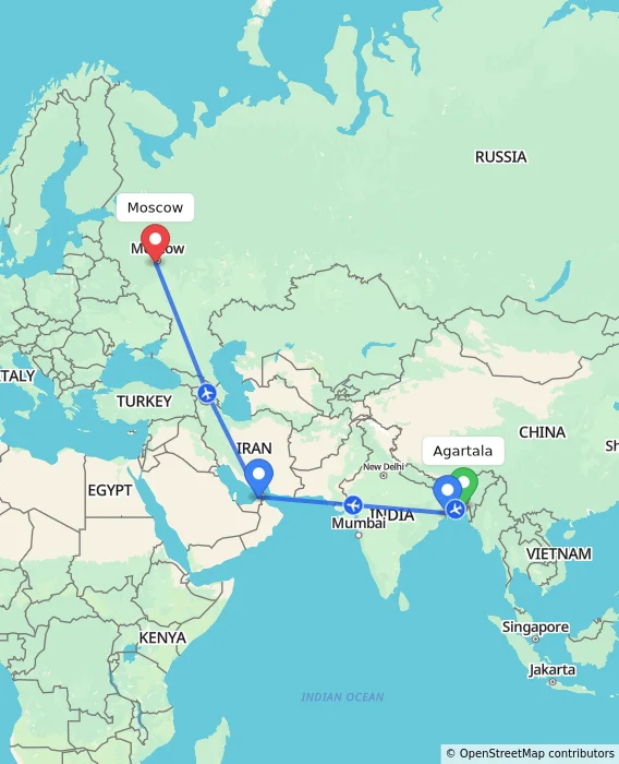 Route map showing distance and travel time from Agartala, India to Moscow, Russian Federation