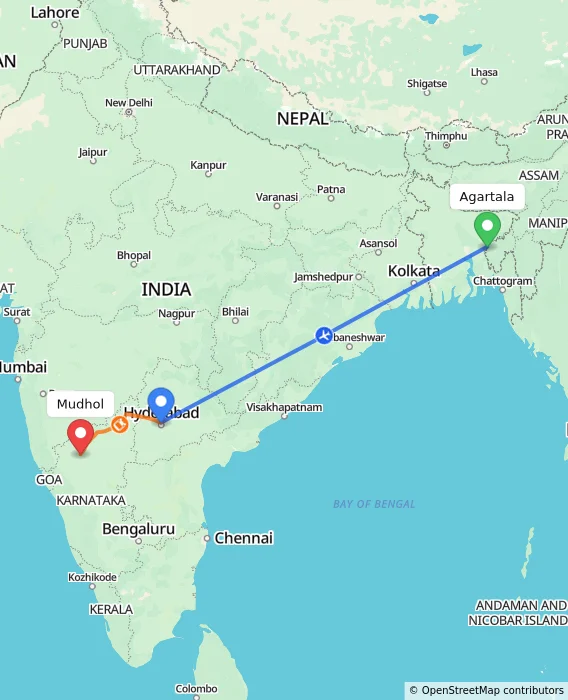 Route map showing distance and travel time from Agartala, India to Mudhol, India