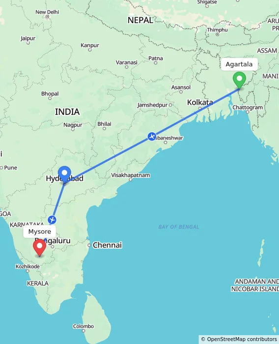 Route map showing distance and travel time from Agartala, India to Mysore, India