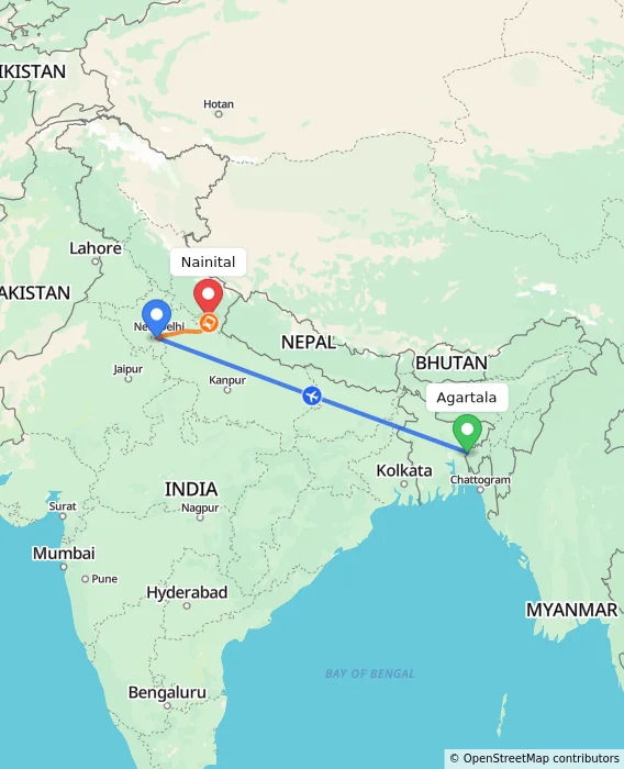 Route map showing distance and travel time from Agartala, India to Nainital, India