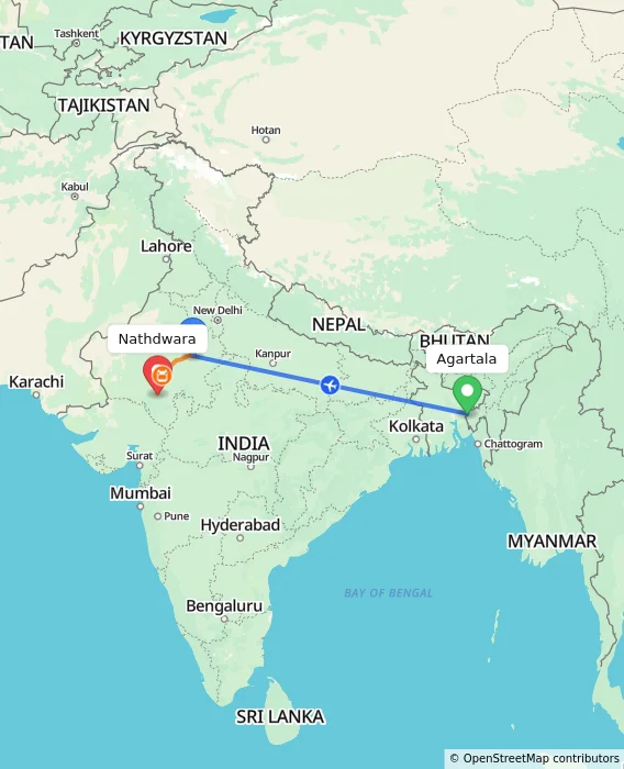 Route map showing distance and travel time from Agartala, India to Nathdwara, India