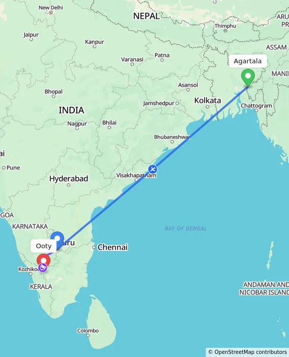 Route map showing distance and travel time from Agartala, India to Ooty, India