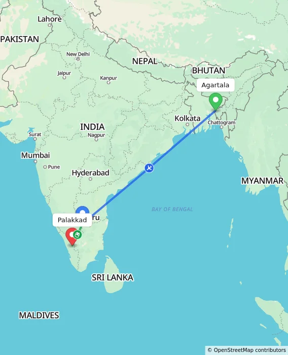 Route map showing distance and travel time from Agartala, India to Palakkad, India