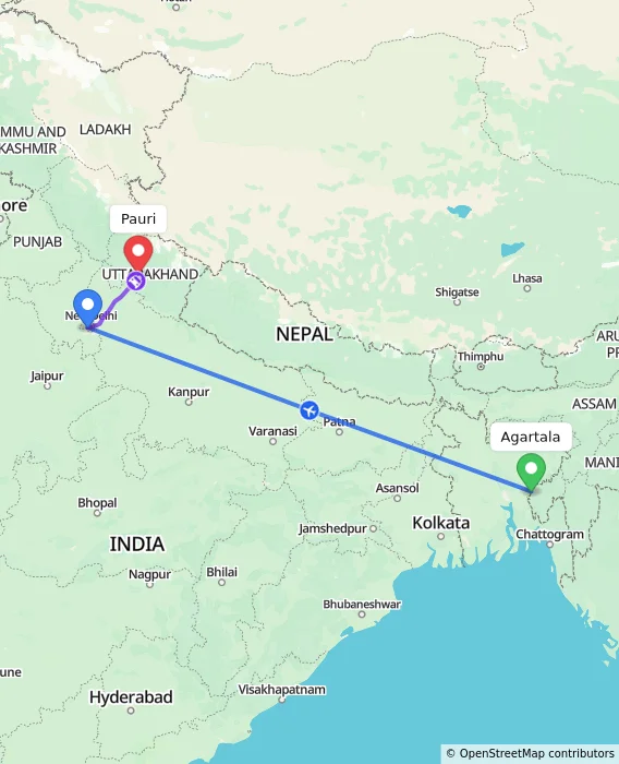 Route map showing distance and travel time from Agartala, India to Pauri, India