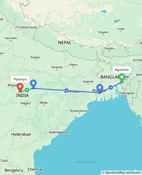 Route map showing distance and travel time from Agartala, India to Pipariya, India