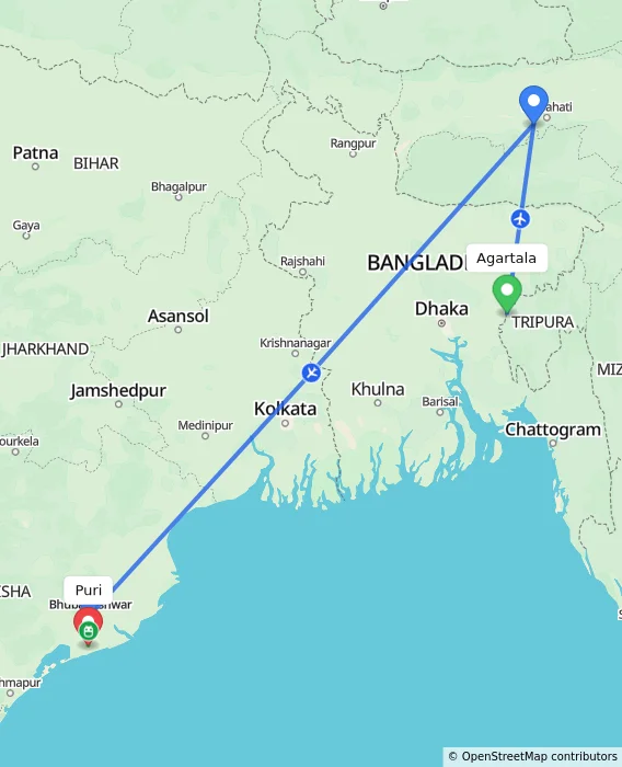 Route map showing distance and travel time from Agartala, India to Puri, India