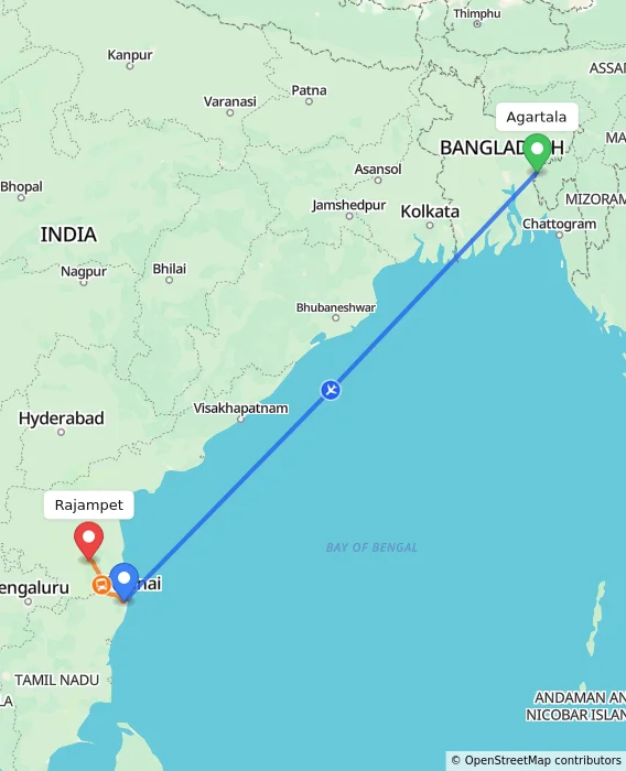 Route map showing distance and travel time from Agartala, India to Rajampet, India
