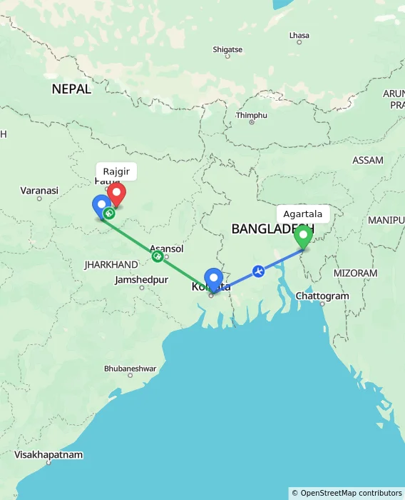 Route map showing distance and travel time from Agartala, India to Rajgir, India