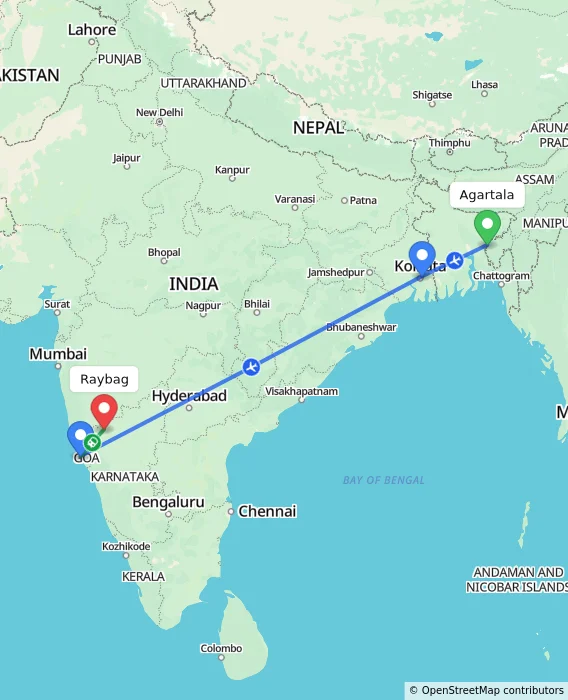 Route map showing distance and travel time from Agartala, India to Raybag, India
