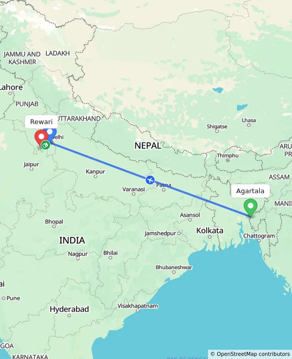 Route map showing distance and travel time from Agartala, India to Rewari, India