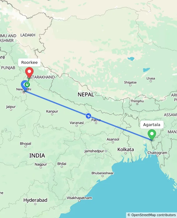 Route map showing distance and travel time from Agartala, India to Roorkee, India
