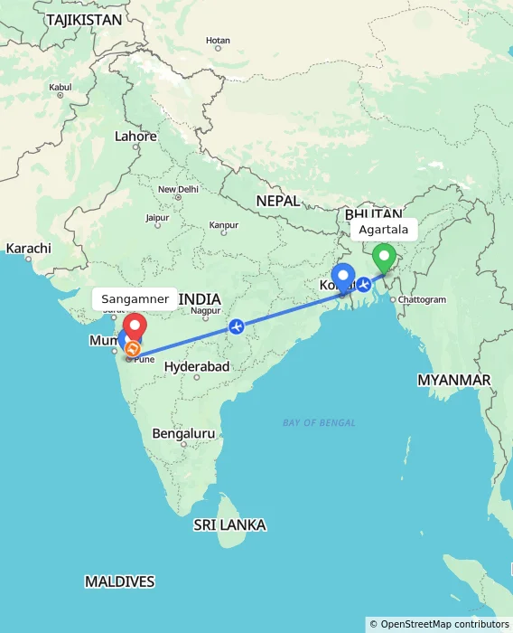 Route map showing distance and travel time from Agartala, India to Sangamner, India