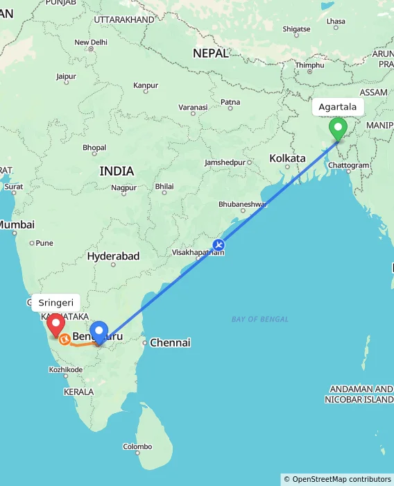 Route map showing distance and travel time from Agartala, India to Sringeri, India