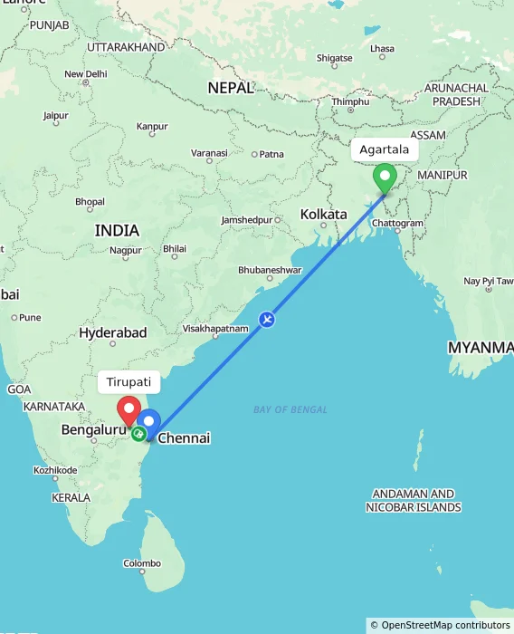 Route map showing distance and travel time from Agartala, India to Tirupati, India