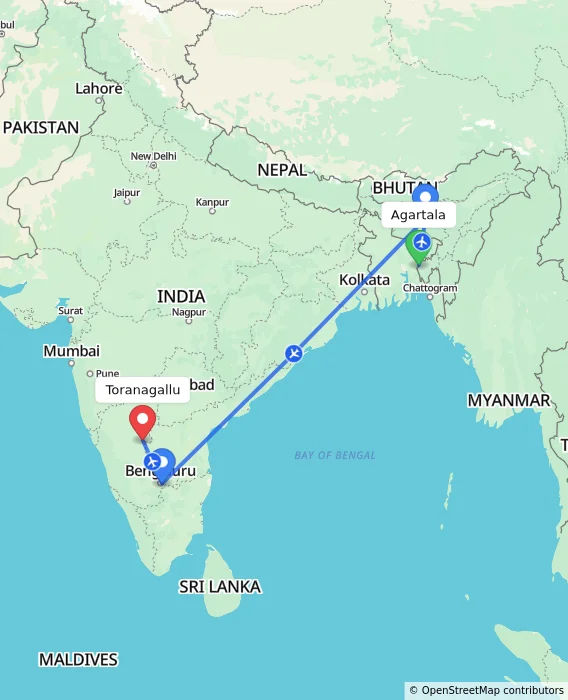 Route map showing distance and travel time from Agartala, India to Toranagallu, India