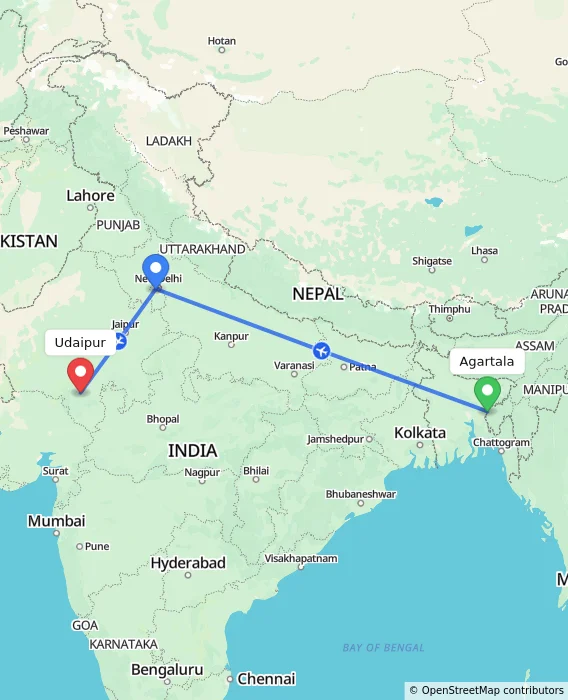 Route map showing distance and travel time from Agartala, India to Udaipur, India