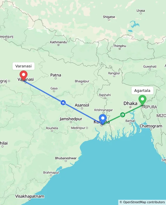Route map showing distance and travel time from Agartala, India to Varanasi, India