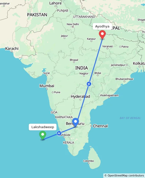 Route map showing distance and travel time from Lakshadweep, India to Ayodhya, India