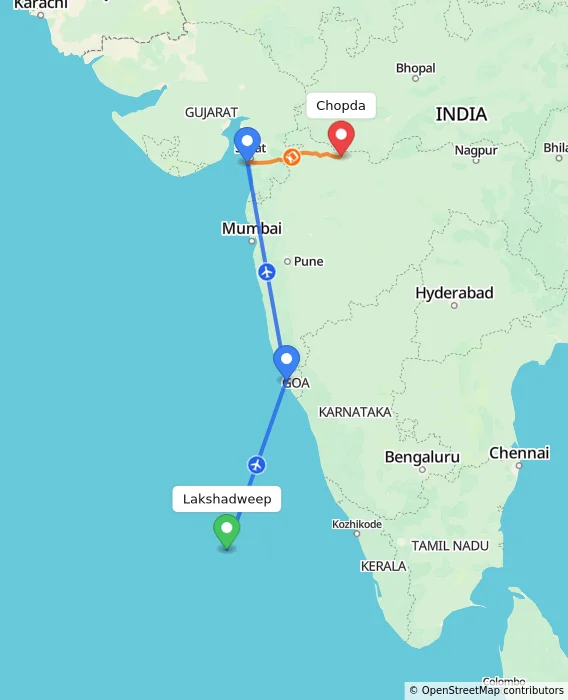Route map showing distance and travel time from Lakshadweep, India to Chopda, India