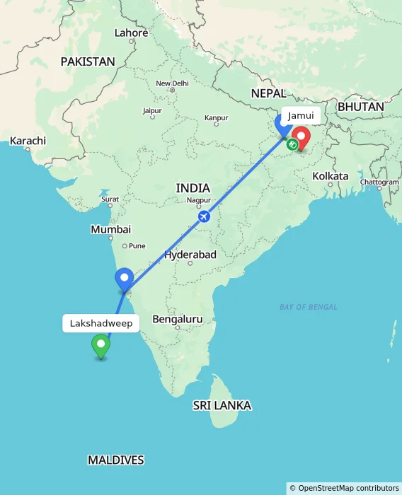 Route map showing distance and travel time from Lakshadweep, India to Jamui, India