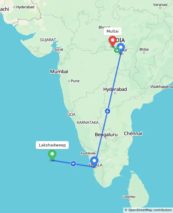 Route map showing distance and travel time from Lakshadweep, India to Multai, India