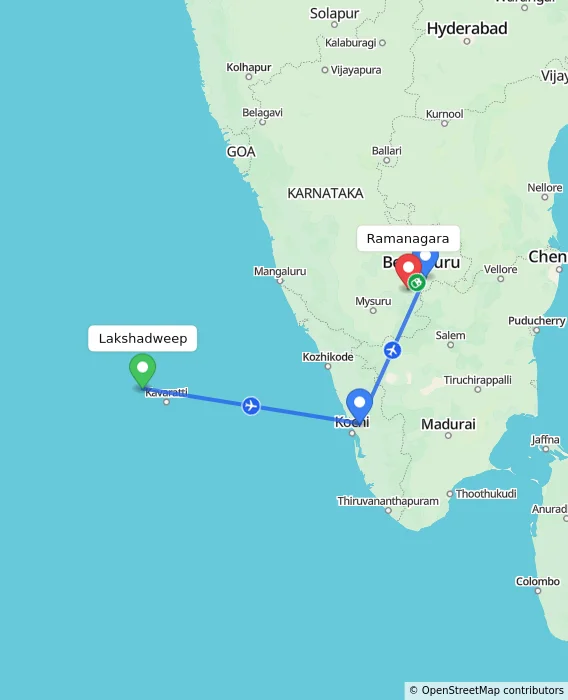 Route map showing distance and travel time from Lakshadweep, India to Ramanagara, India
