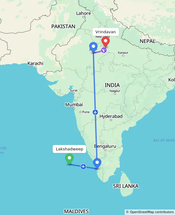 Route map showing distance and travel time from Lakshadweep, India to Vrindavan, India