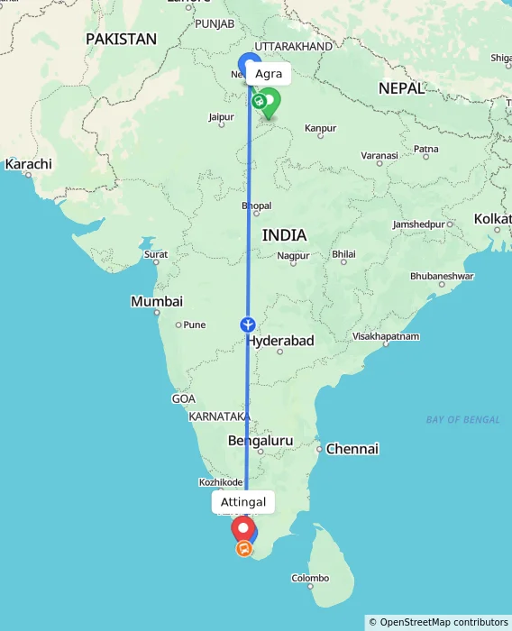 Route map showing distance and travel time from Agra, India to Attingal, India