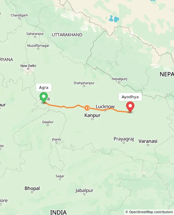 Route map showing distance and travel time from Agra, India to Ayodhya, India