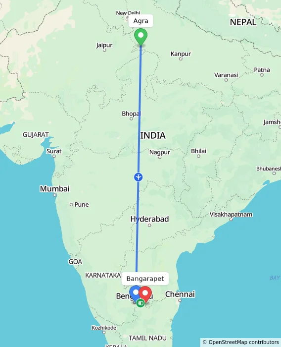 Route map showing distance and travel time from Agra, India to Bangarapet, India