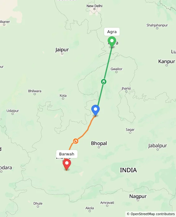Route map showing distance and travel time from Agra, India to Barwah, India