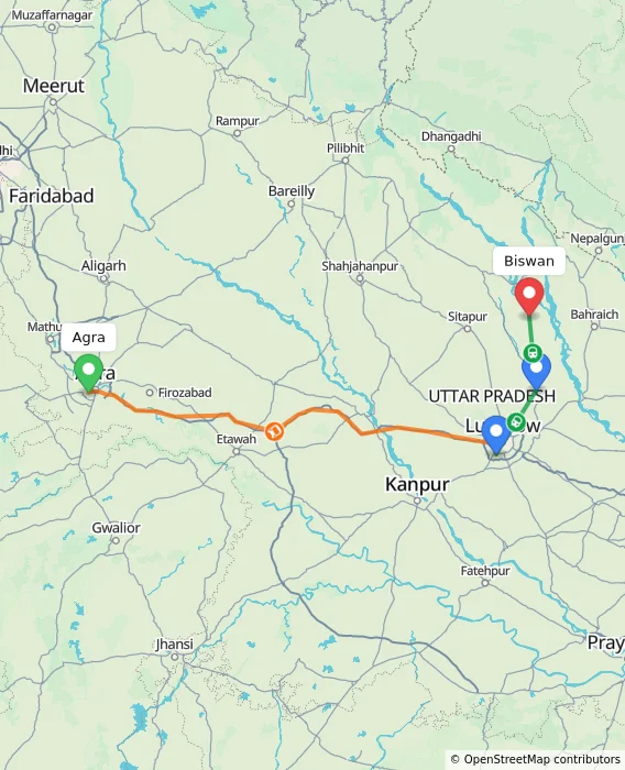Route map showing distance and travel time from Agra, India to Biswan, India