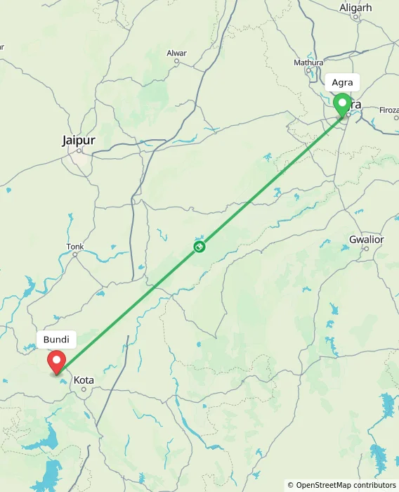 Route map showing distance and travel time from Agra, India to Bundi, India