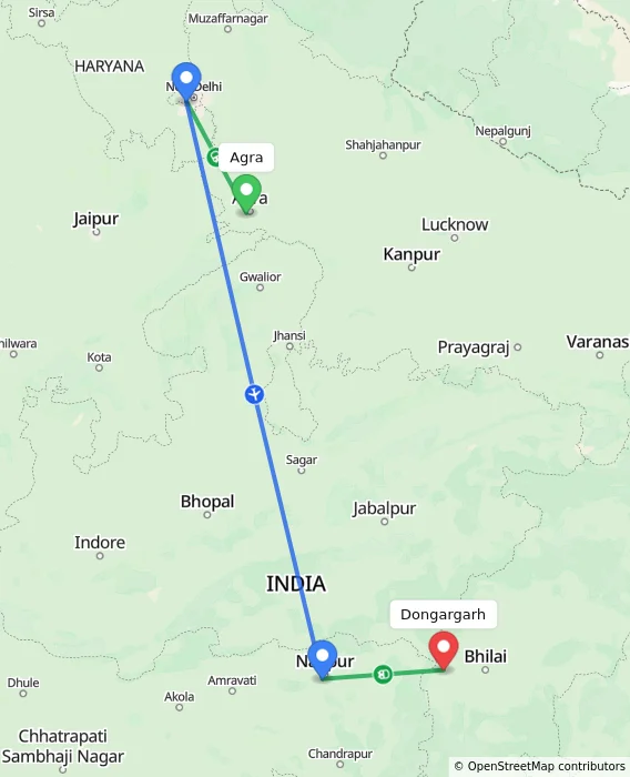 Route map showing distance and travel time from Agra, India to Dongargarh, India