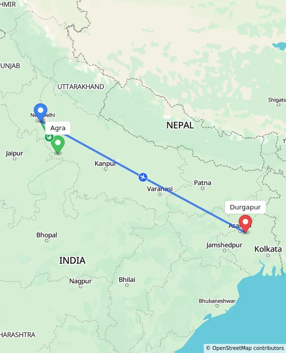 Route map showing distance and travel time from Agra, India to Durgapur, India