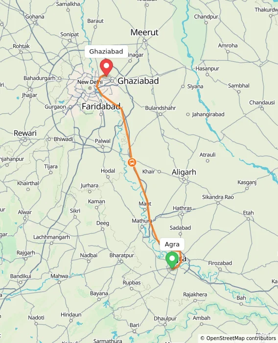 Route map showing distance and travel time from Agra, India to Ghaziabad, India
