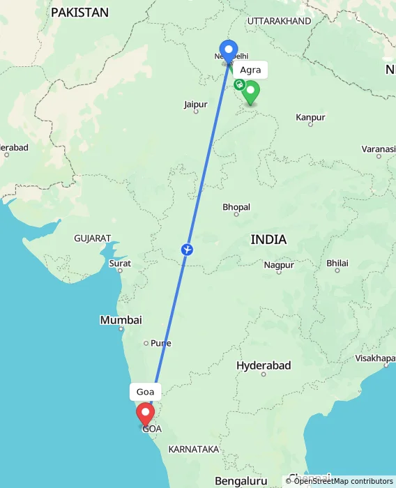 Route map showing distance and travel time from Agra, India to Goa, India