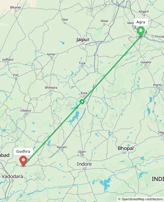 Route map showing distance and travel time from Agra, India to Godhra, India
