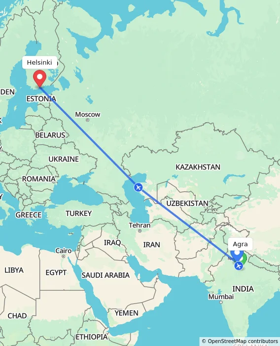 Route map showing distance and travel time from Agra, India to Helsinki, Finland