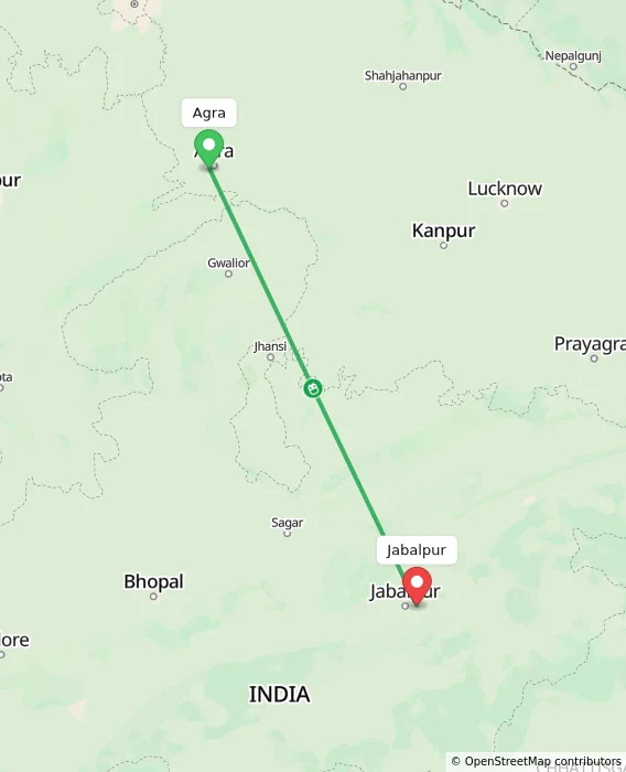 Route map showing distance and travel time from Agra, India to Jabalpur, India