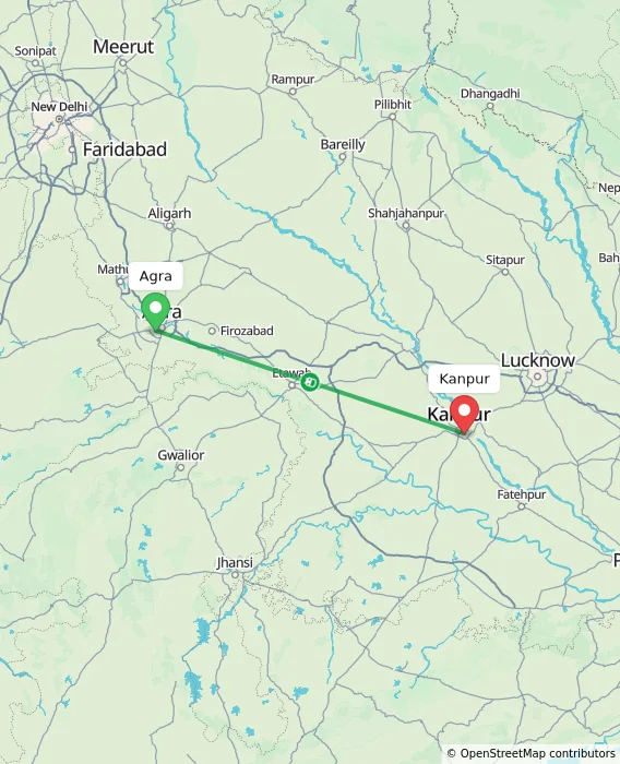 Route map showing distance and travel time from Agra, India to Kanpur, India