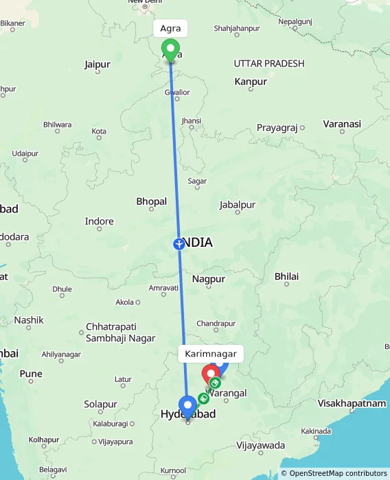 Route map showing distance and travel time from Agra, India to Karimnagar, India
