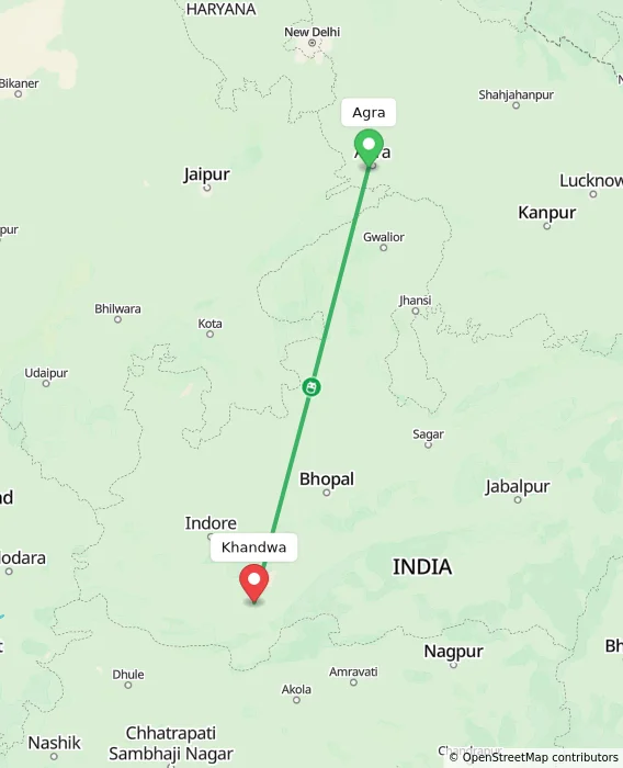 Route map showing distance and travel time from Agra, India to Khandwa, India