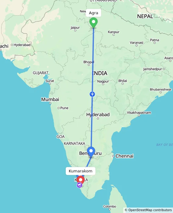 Route map showing distance and travel time from Agra, India to Kumarakom, India