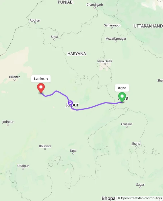 Route map showing distance and travel time from Agra, India to Ladnun, India
