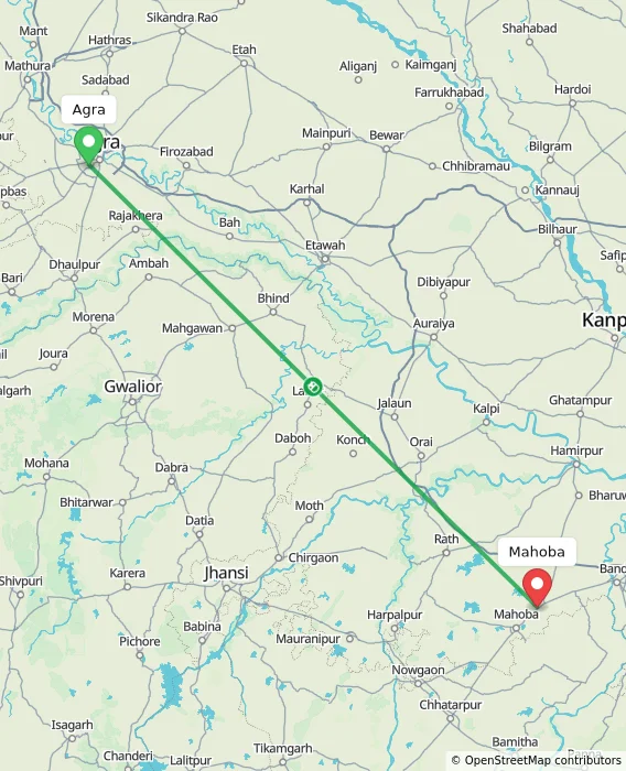 Route map showing distance and travel time from Agra, India to Mahoba, India
