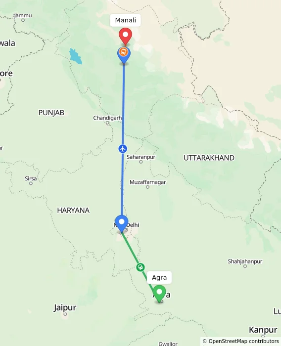 Route map showing distance and travel time from Agra, India to Manali, India