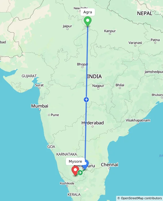 Route map showing distance and travel time from Agra, India to Mysore, India