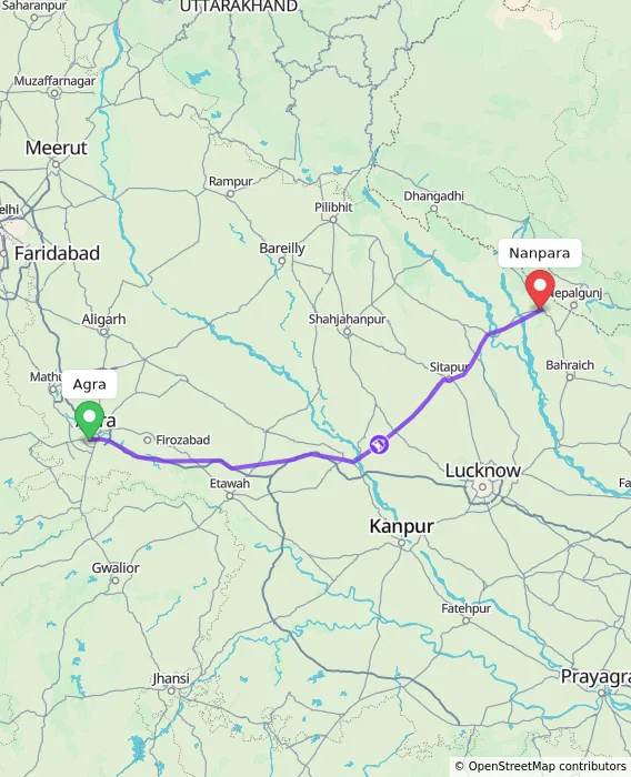 Route map showing distance and travel time from Agra, India to Nanpara, India